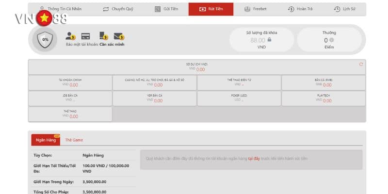 Chọn phương thức để rút tiền VN88
